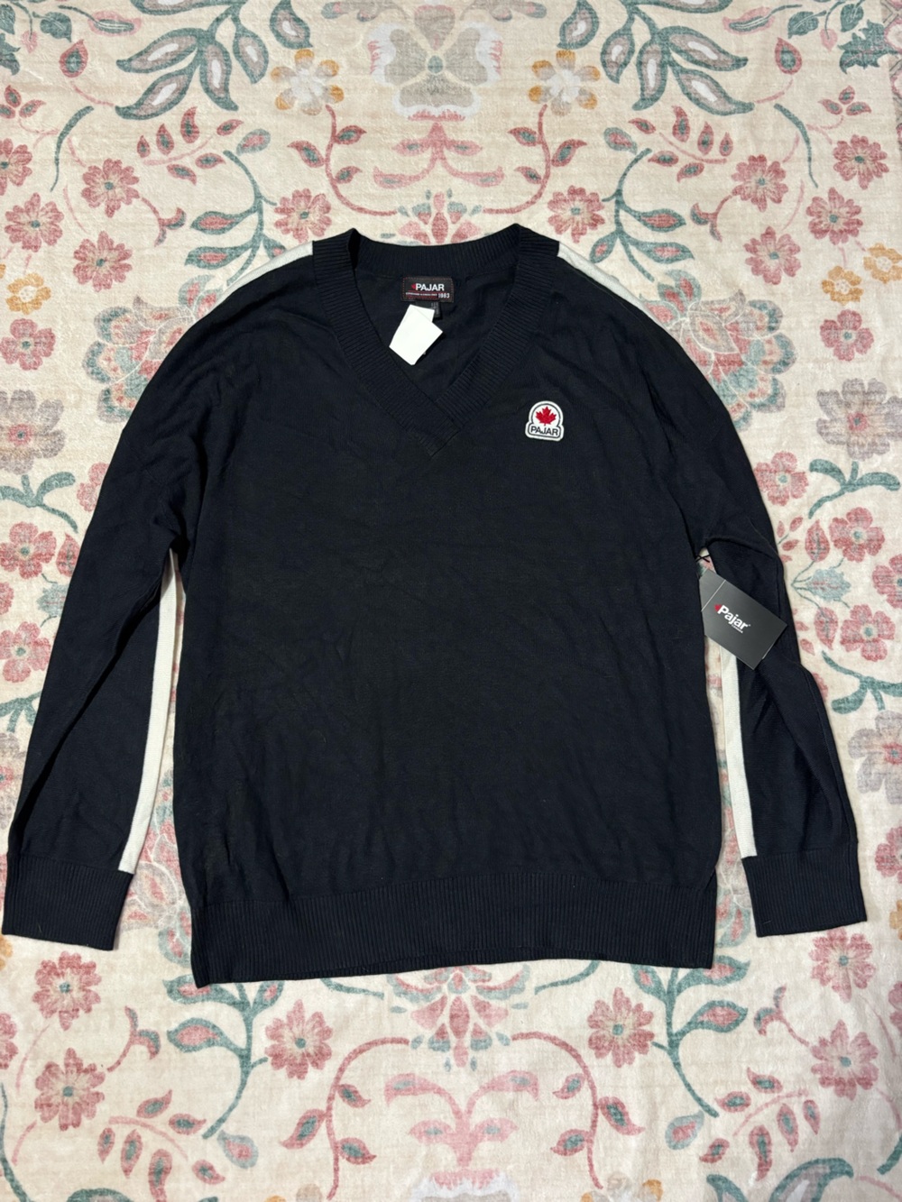 Pajar Black V-Neck Sweater with white arm stripes